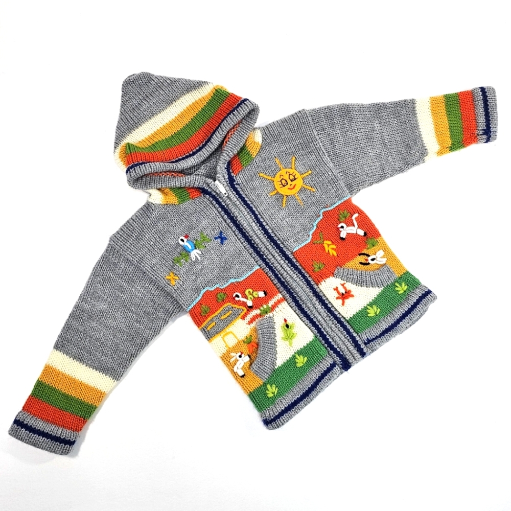 Child's Arpillera Handmade Peruvian -Mexican Sweater - Gray - Unisex Size 2T